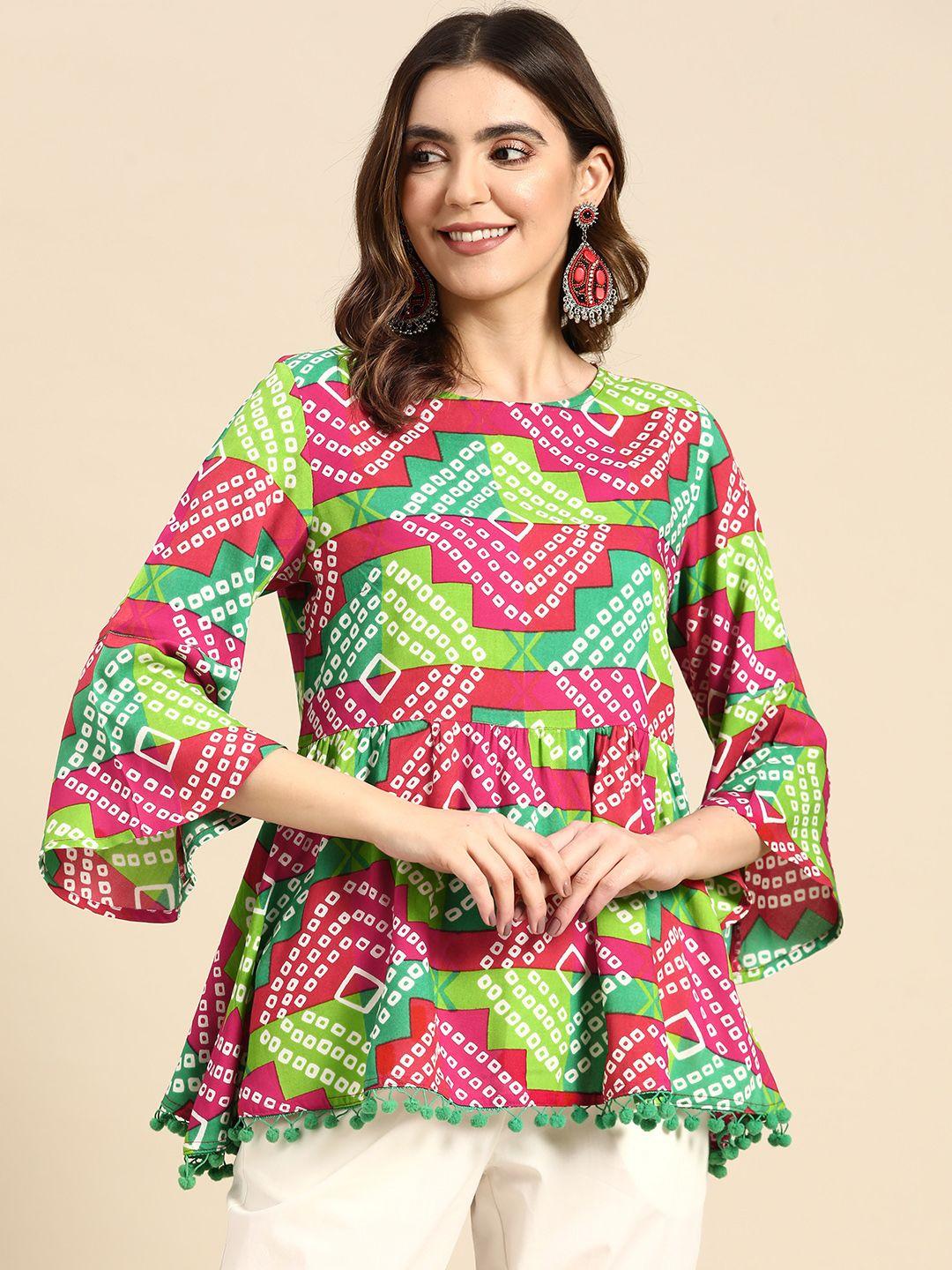 sangria bandhani printed pom pom detail peplum top