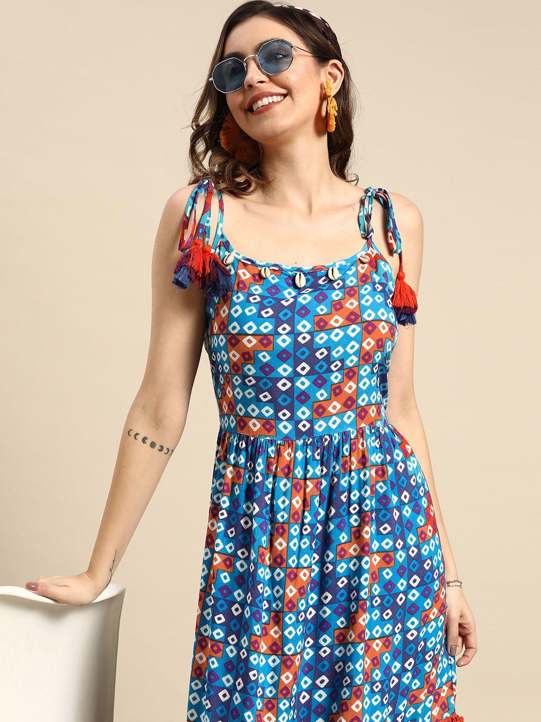 sangria bandhani printed tiered midi dress