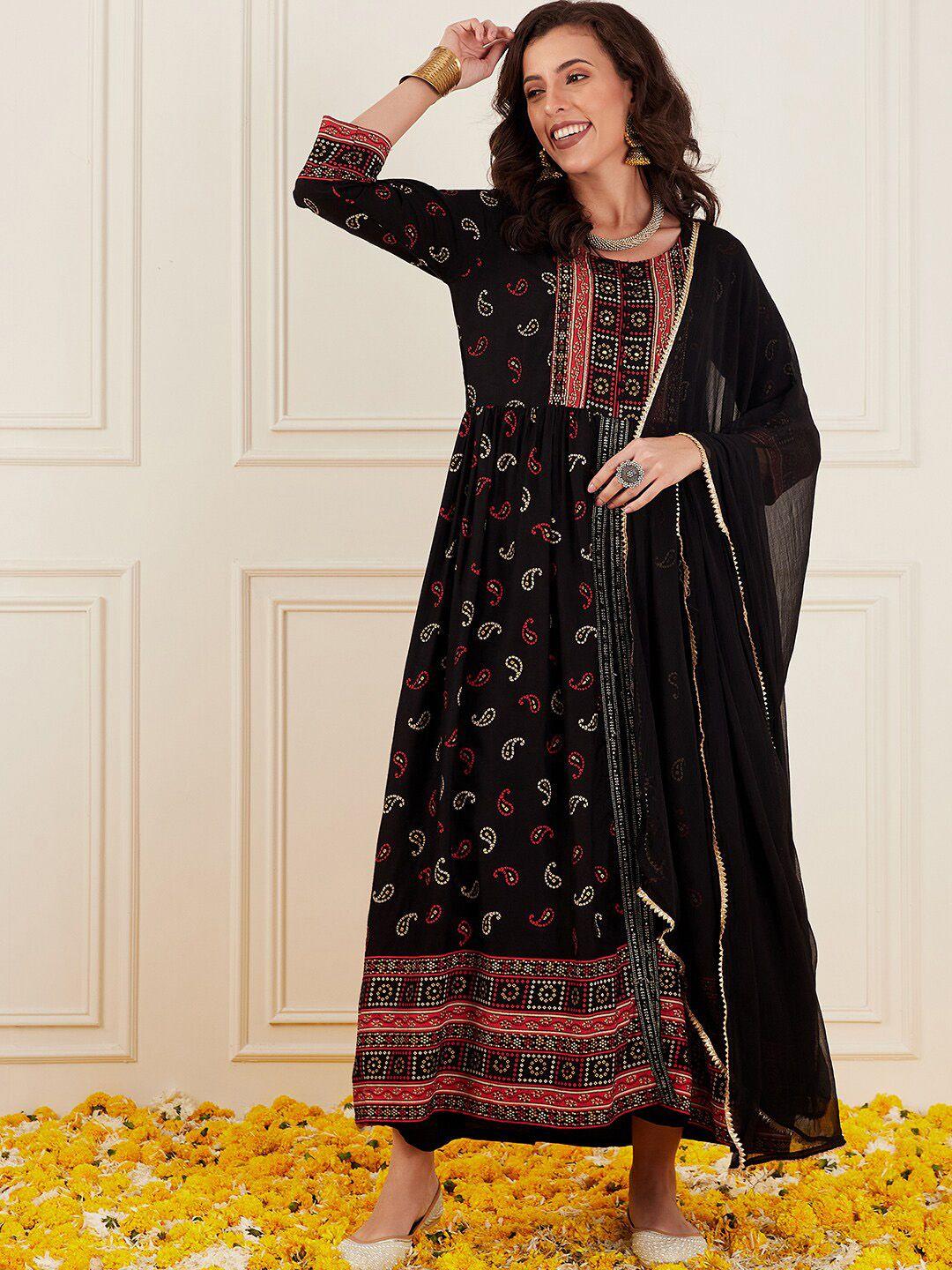 sangria bandhej-printed a-line kurta with trouser & dupatta