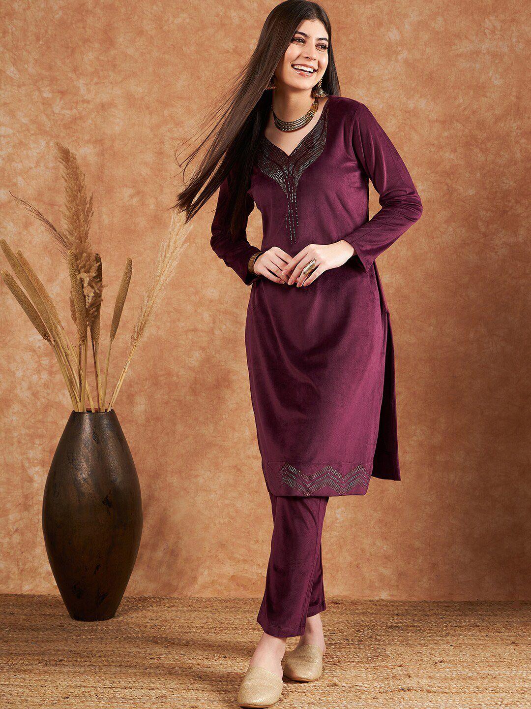 sangria beads and stones embellished velvet straight kurta with trousers