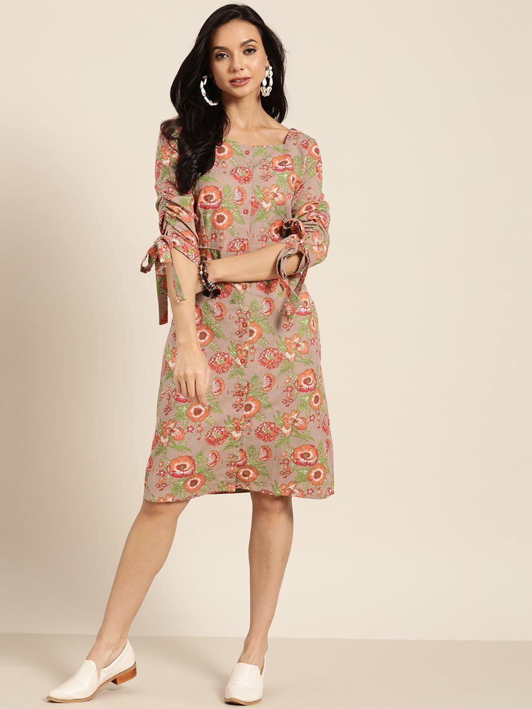 sangria beige & orange floral print pure cotton a-line dress