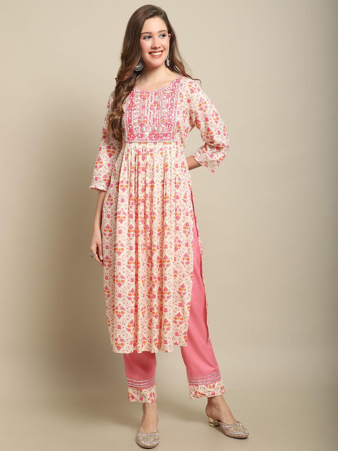 sangria beige & pink floral printed thread & mirror work a-line kurta with trouser