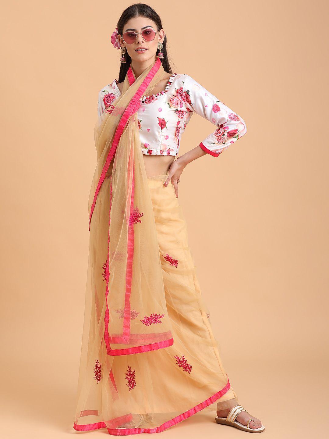 sangria beige & pink floral supernet saree