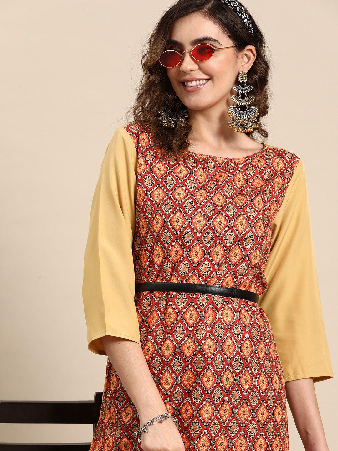 sangria beige & yellow ethnic motifs printed kurti