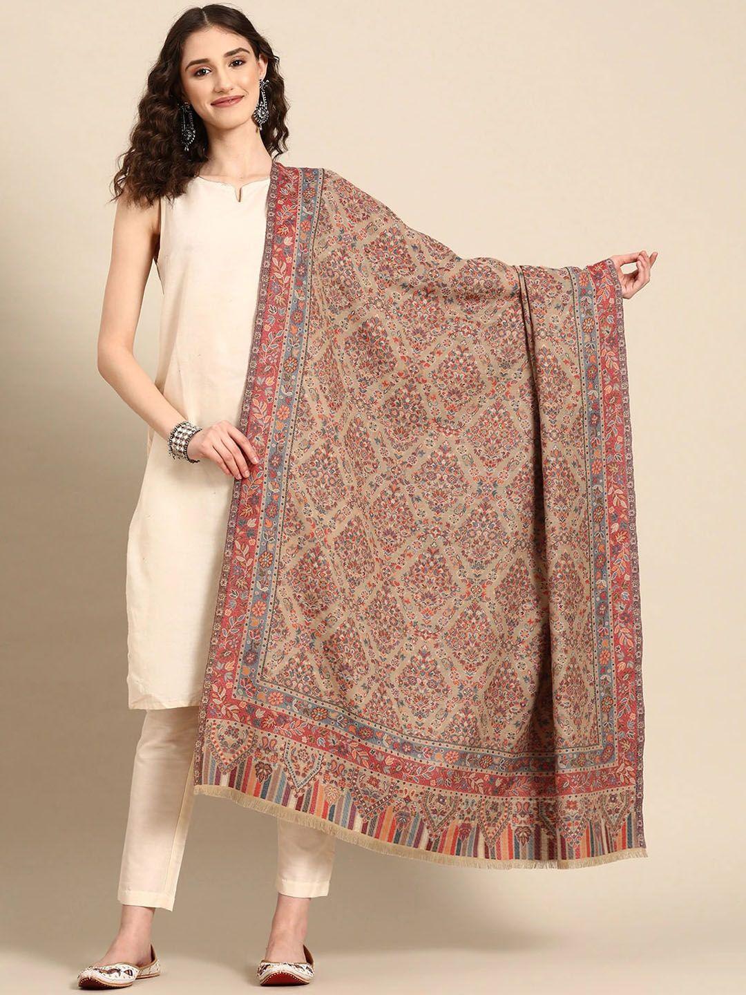 sangria beige ethnic motifs woven design shawl