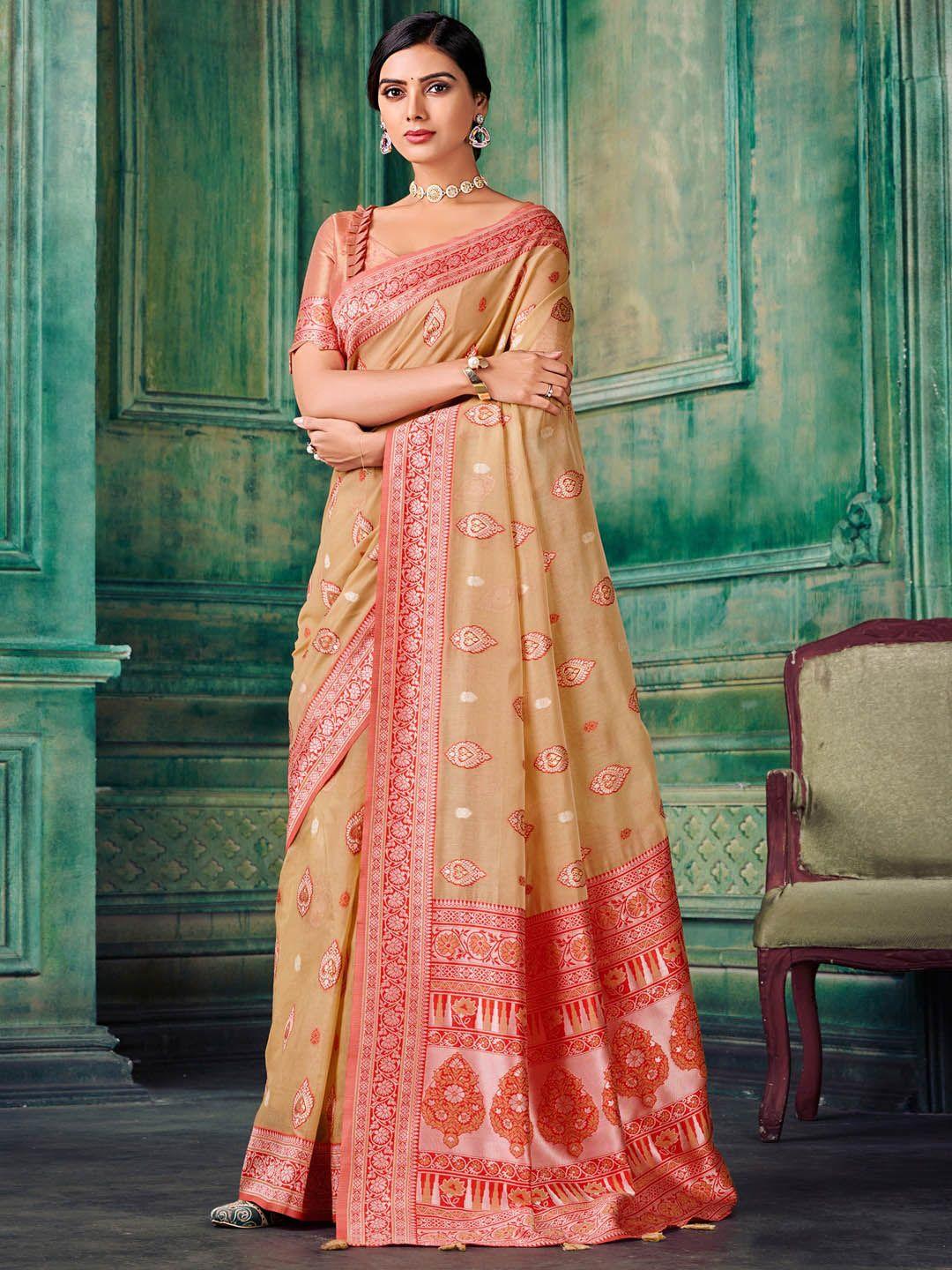 sangria beige ethnic motifs woven design zari saree