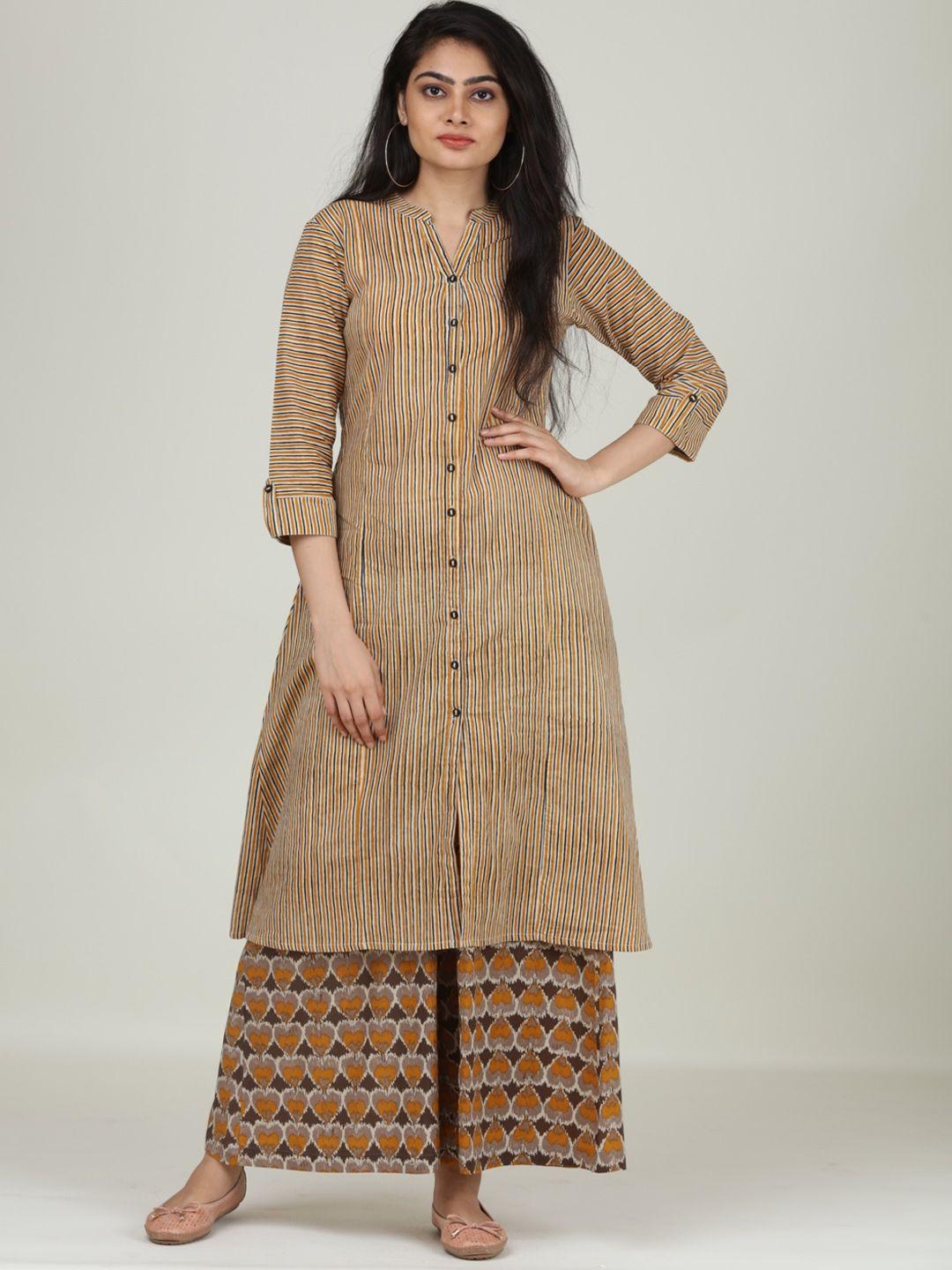 sangria beige striped printed pure cotton a-line kurta with palazzos