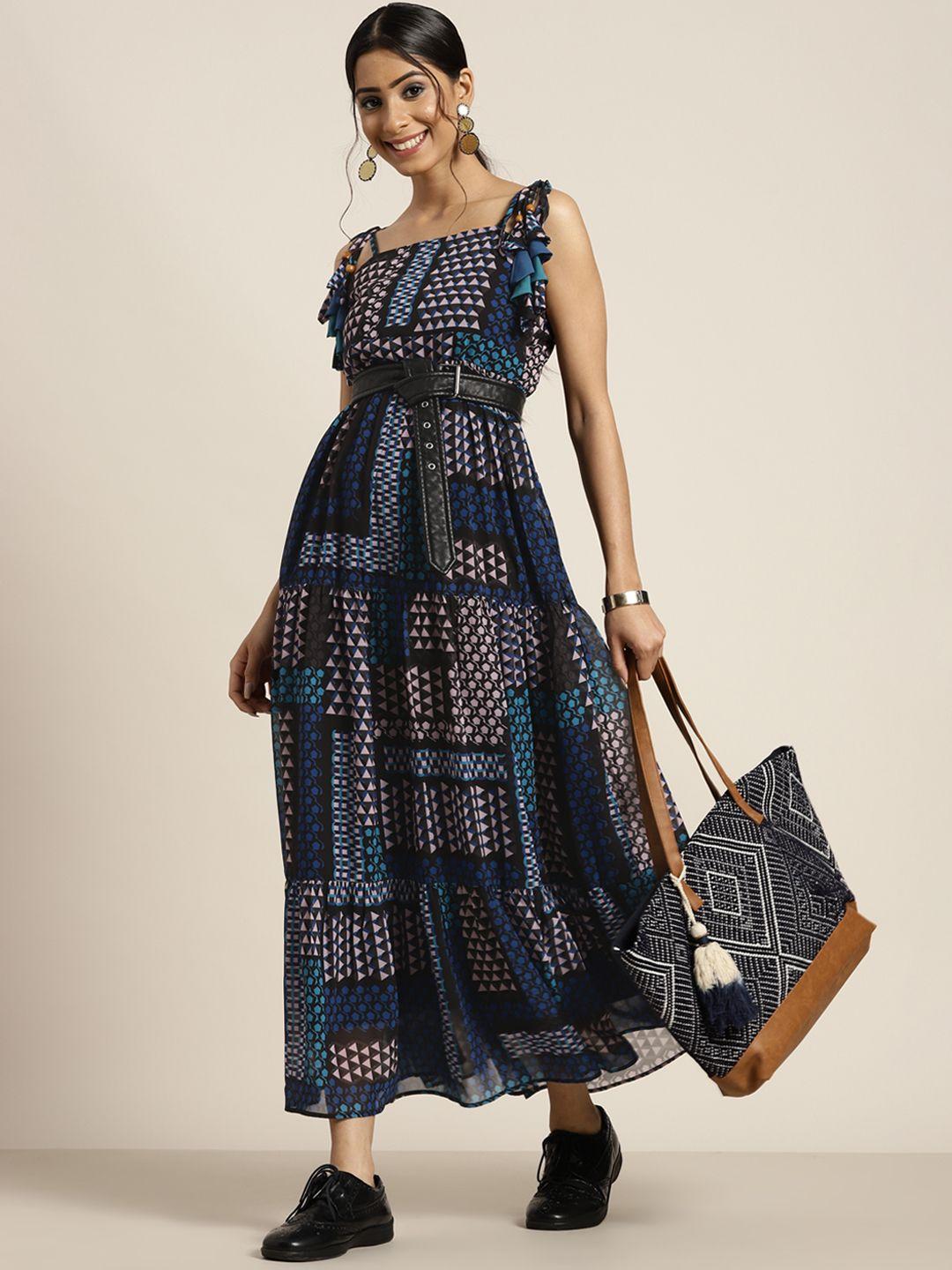 sangria black & blue georgette ethnic maxi dress