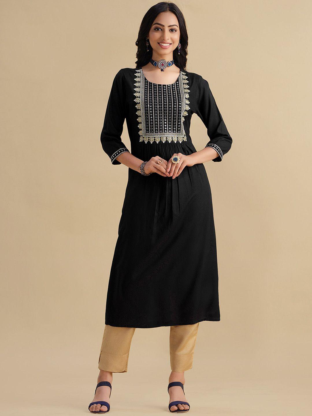 sangria black & gold ethnic motif yoke design sequinned kurta