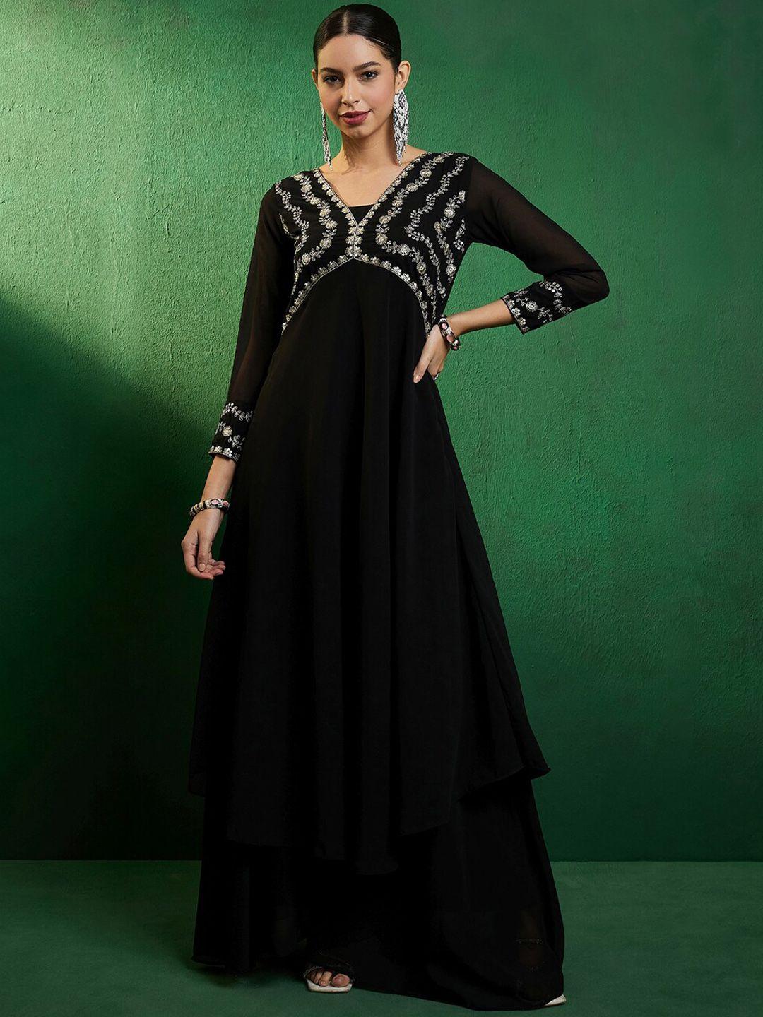 sangria black & gold toned yoke design embroidered a-line empire kurta with palazzos