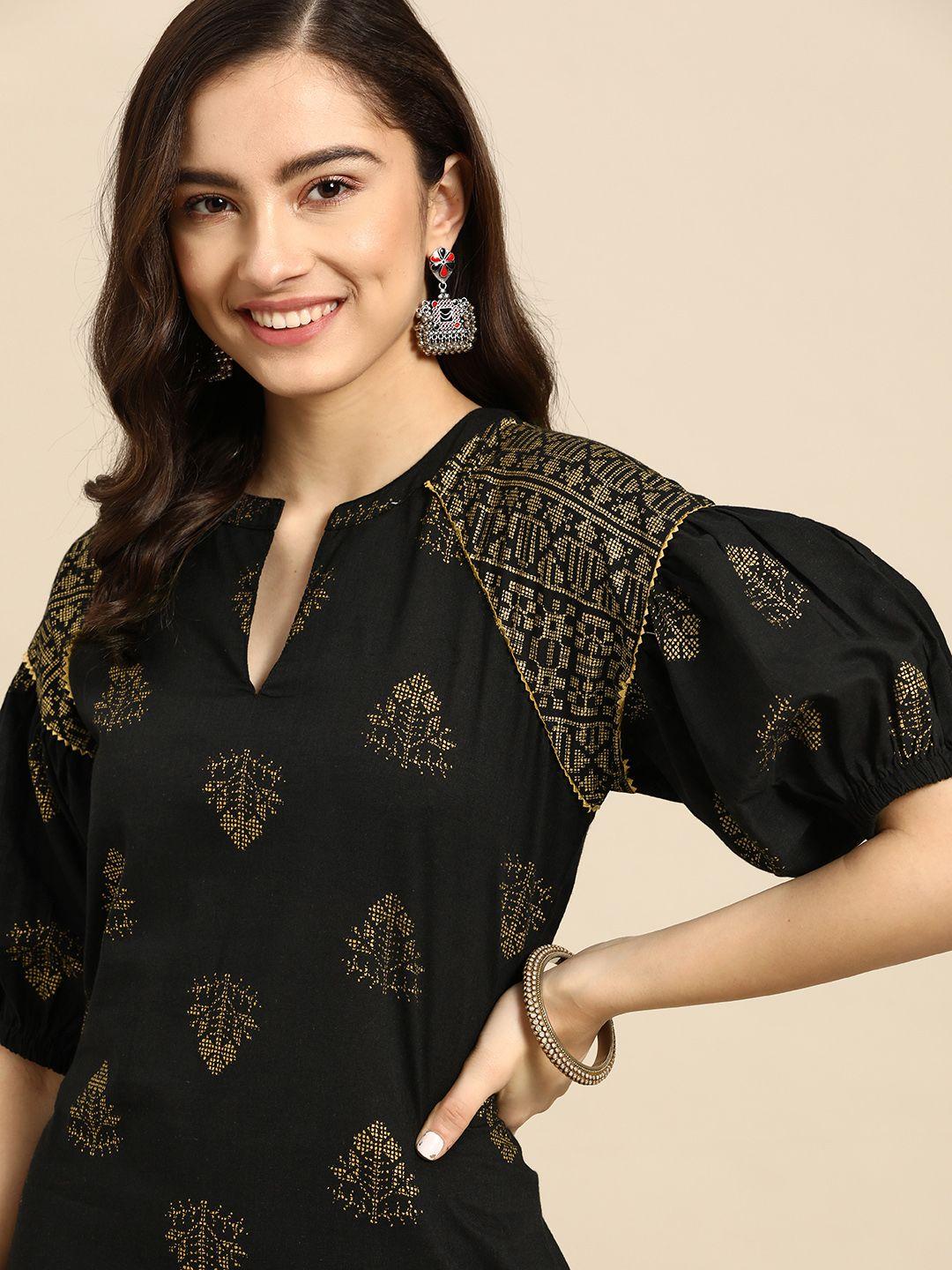 sangria black & golden pure cotton ethnic motifs printed round-neck straight kurta