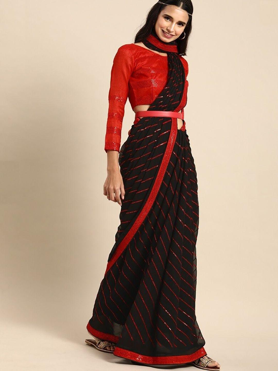 sangria black & red embellished sequinned pure georgette saree