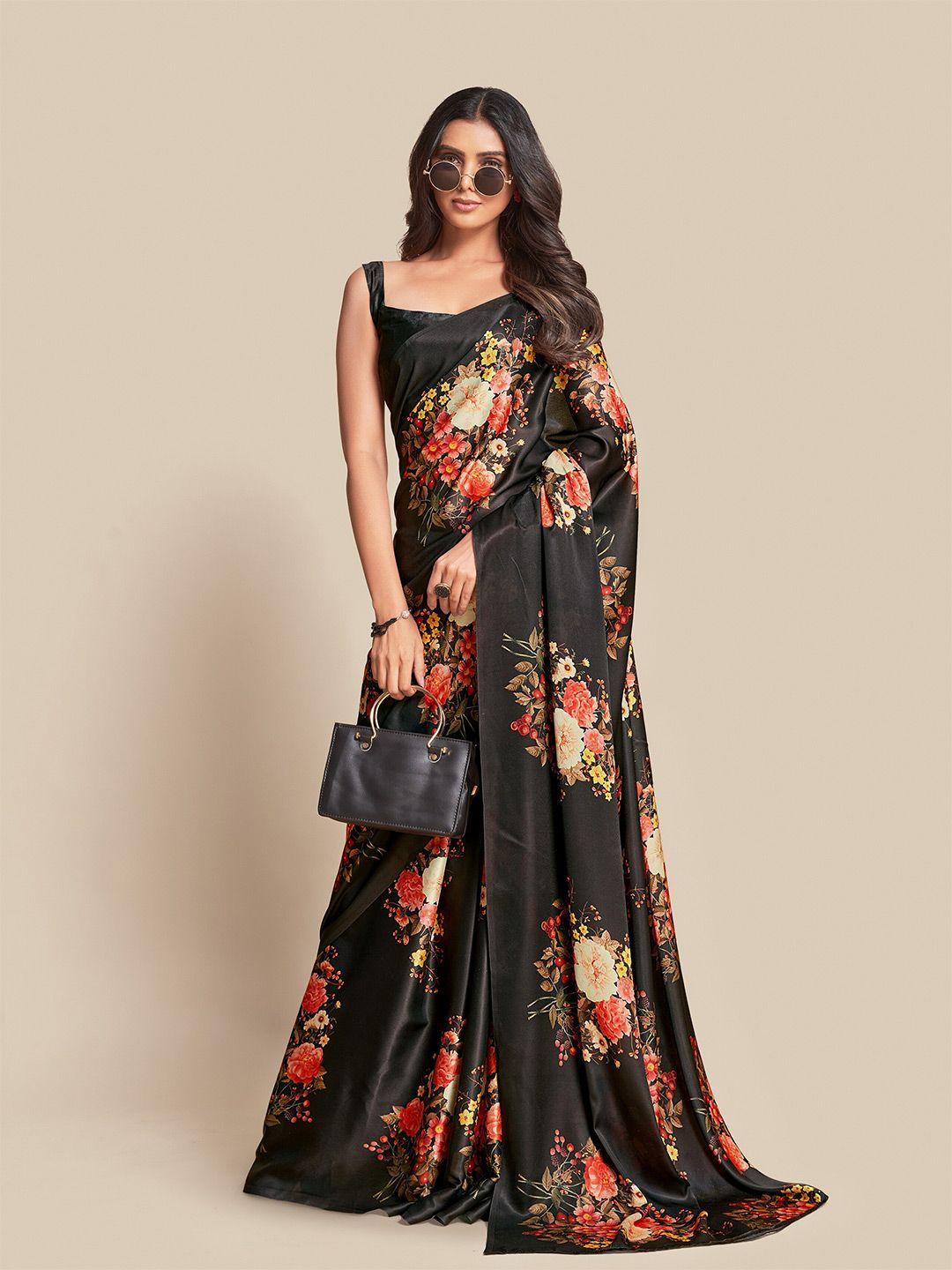 sangria black & red floral embroidered satin heavy work saree