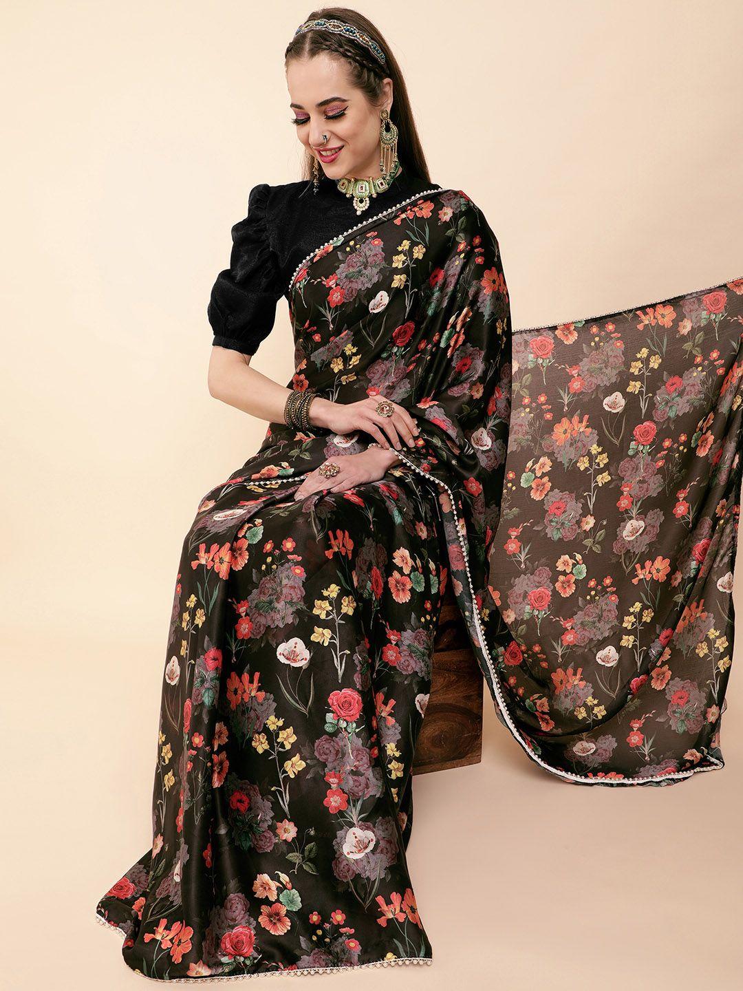 sangria black & red floral sequinned satin saree