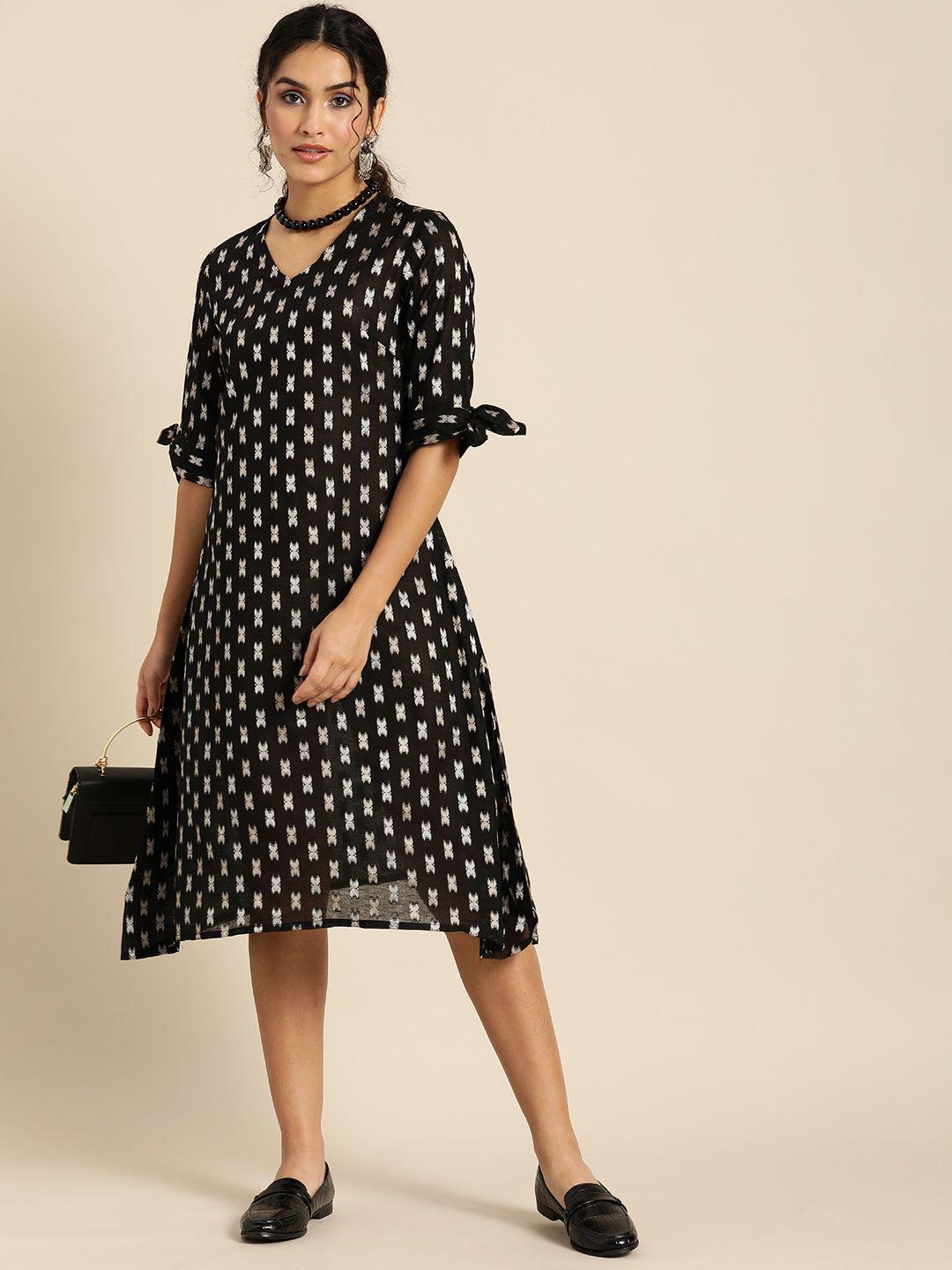 sangria black & white abstract woven design pure cotton a-line midi dress