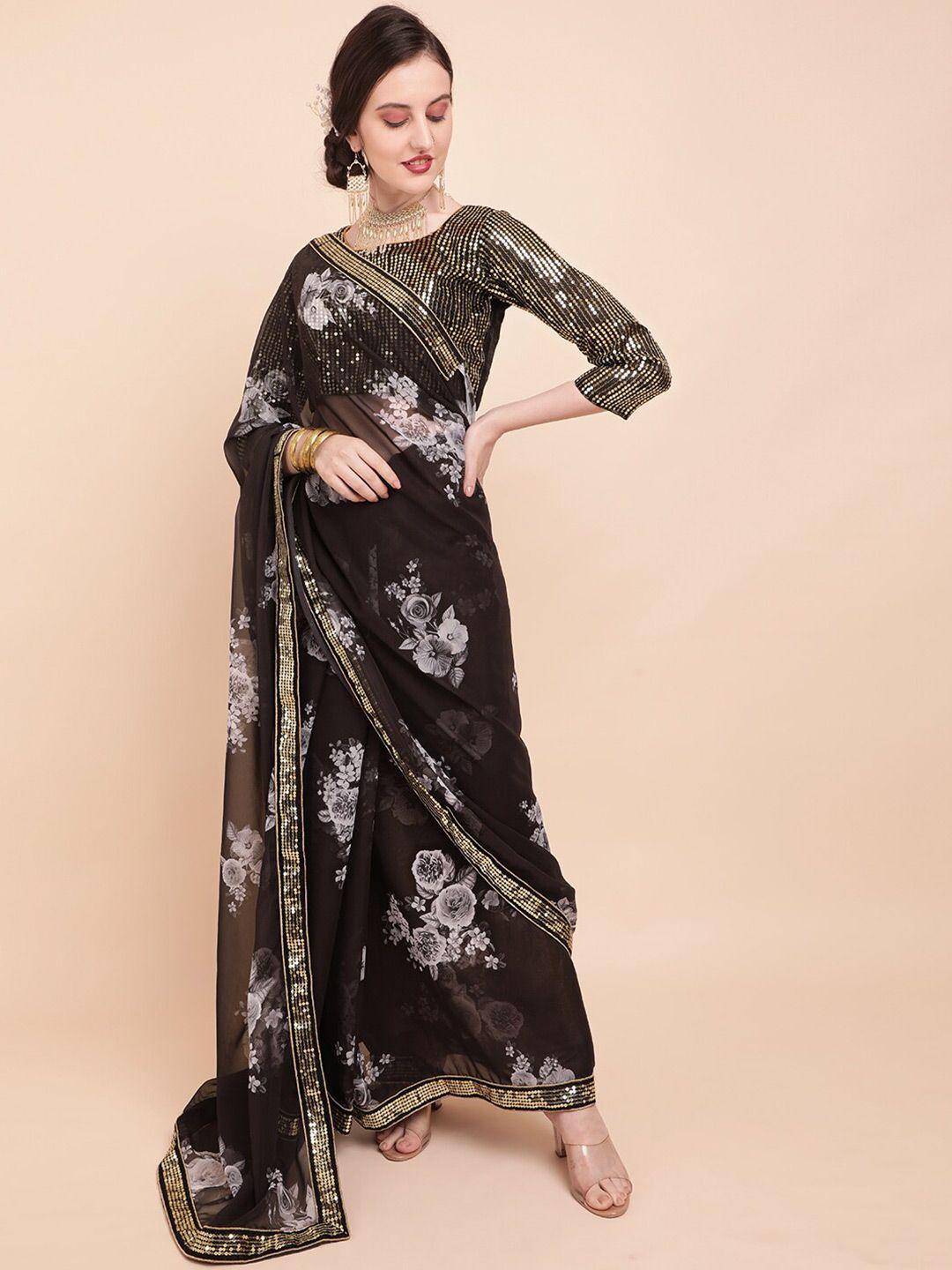 sangria black & white floral sequinned pure georgette saree