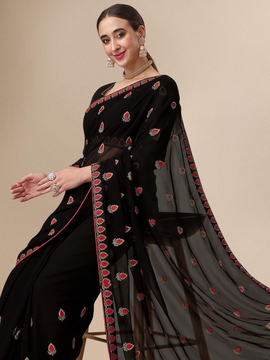 sangria black ethnic motif embroidered pure georgette saree