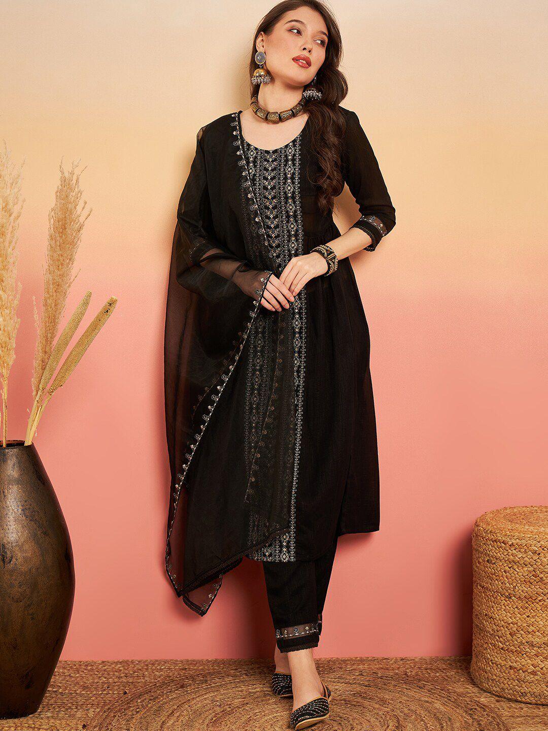 sangria black ethnic motif embroidered straight kurta with trousers & dupatta kurta sets