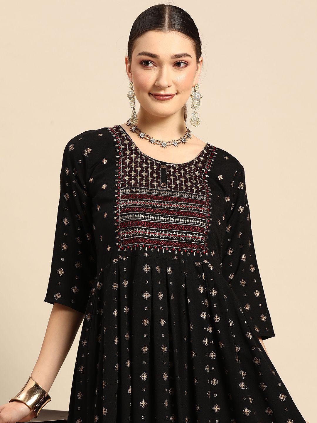 sangria black ethnic motifs embroidered a-line midi dress