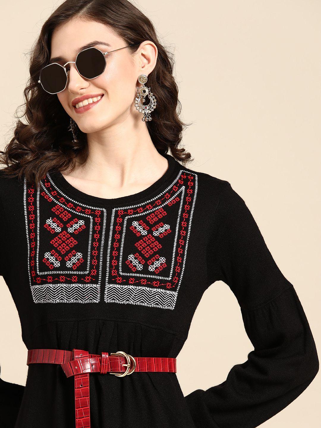 sangria black ethnic motifs embroidered winter acrylic a-line dress