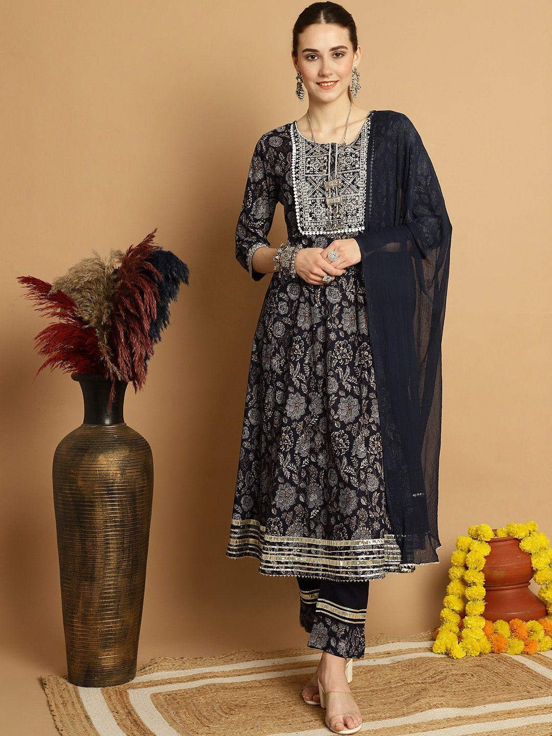 sangria black ethnic motifs printed gotta patti anarkali kurta & trouser with dupatta