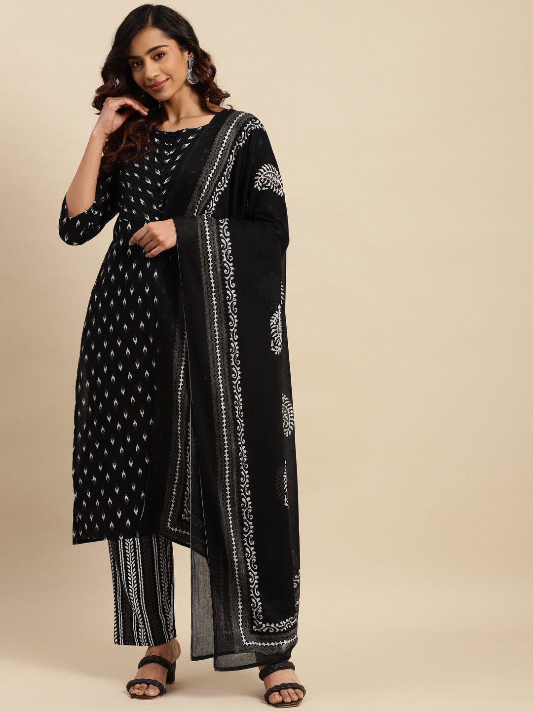 sangria black ethnic motifs printed pure-cotton straight kurta with trouser & dupatta