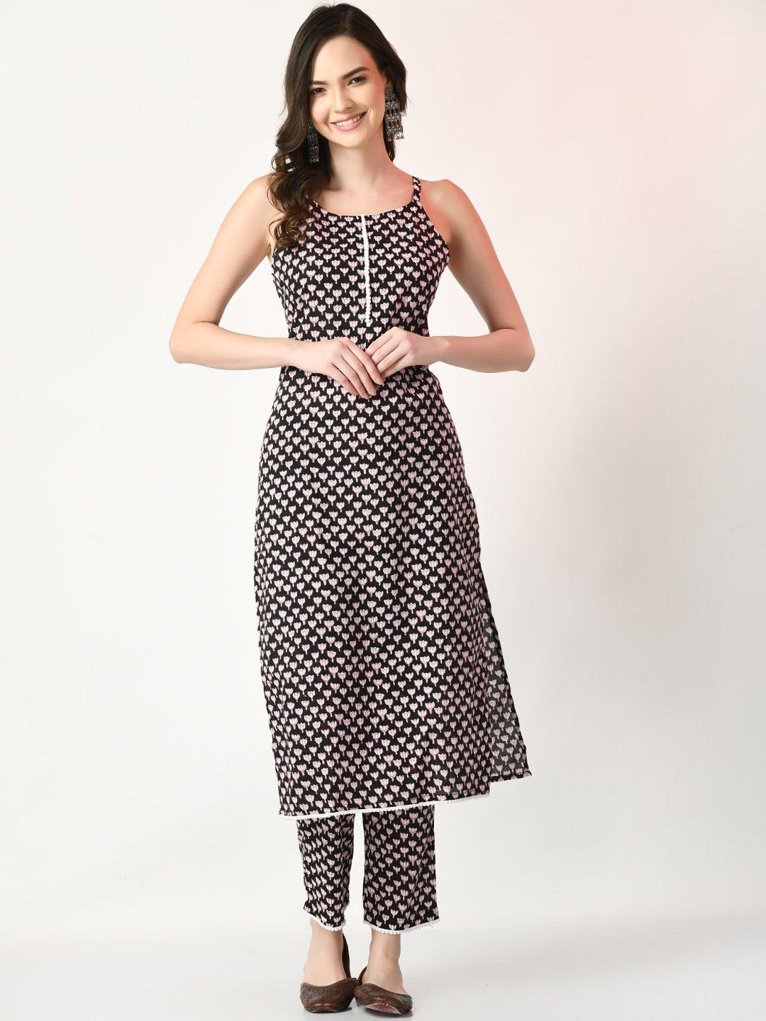 sangria black ethnic motifs printed pure cotton straight kurta with trousers