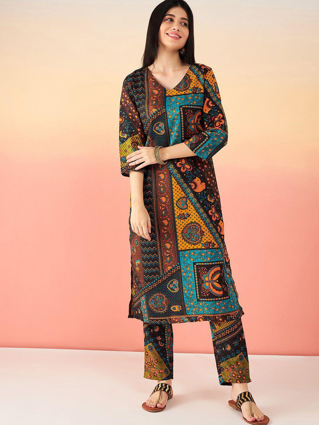 sangria black ethnic motifs printed straight kurta with trouser