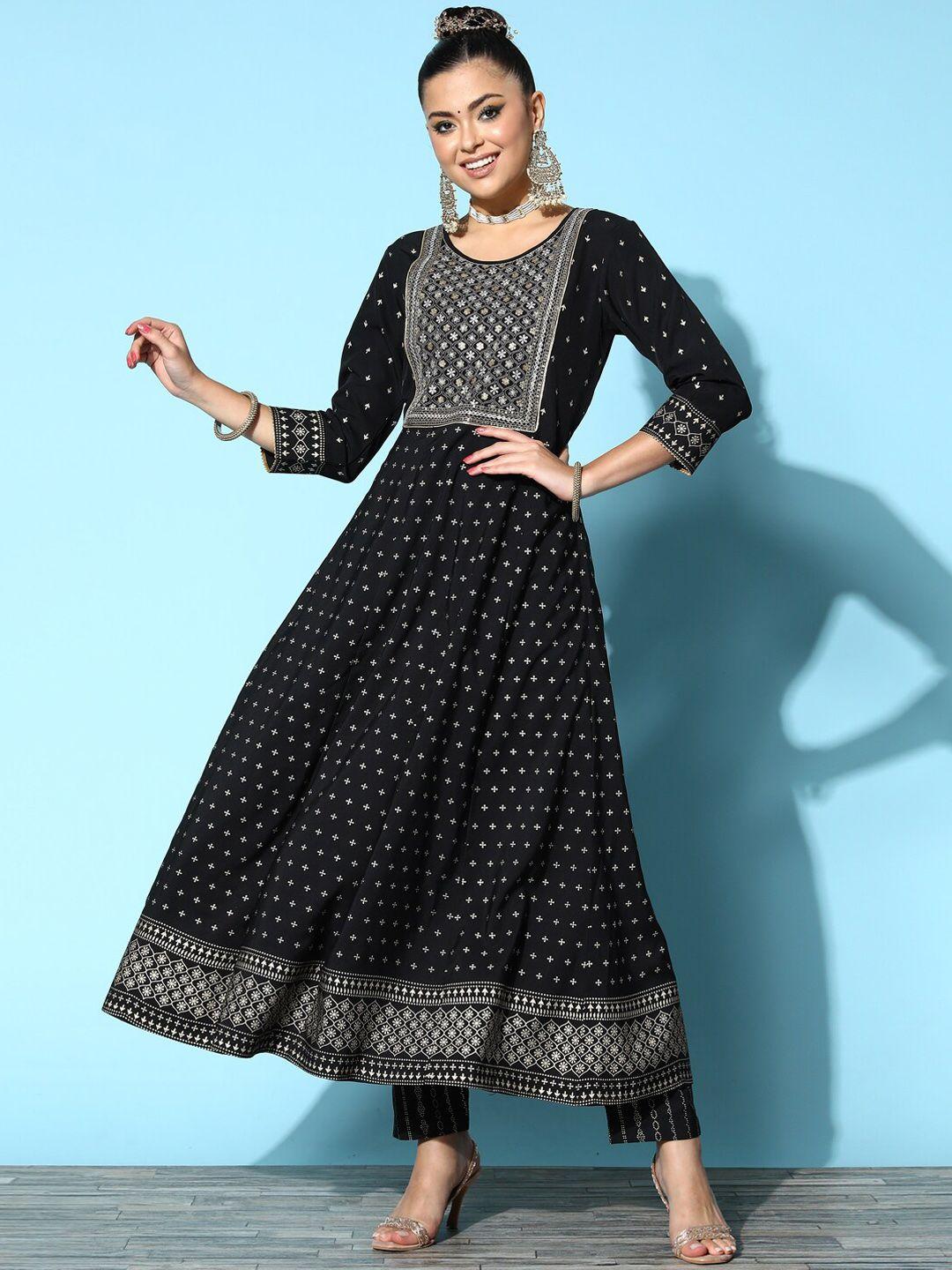 sangria black ethnic motifs printed thread work detail anarkali kurta with trouser set