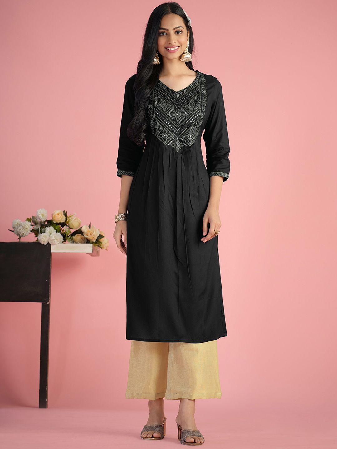 sangria black ethnic motifs yoke design sequinned kurta