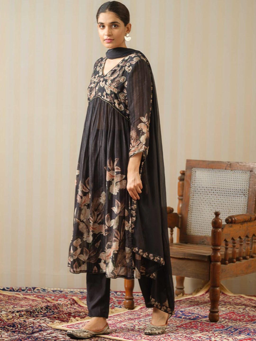 sangria black floral embroidered kurta & trousers with dupatta