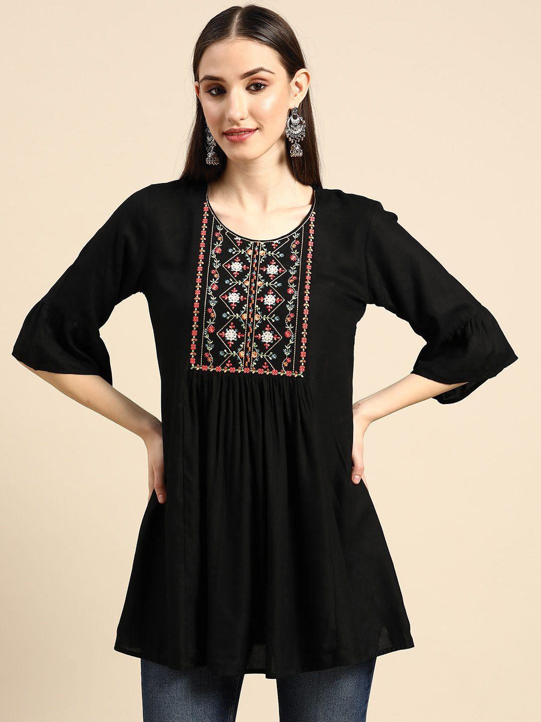 sangria black floral embroidered top