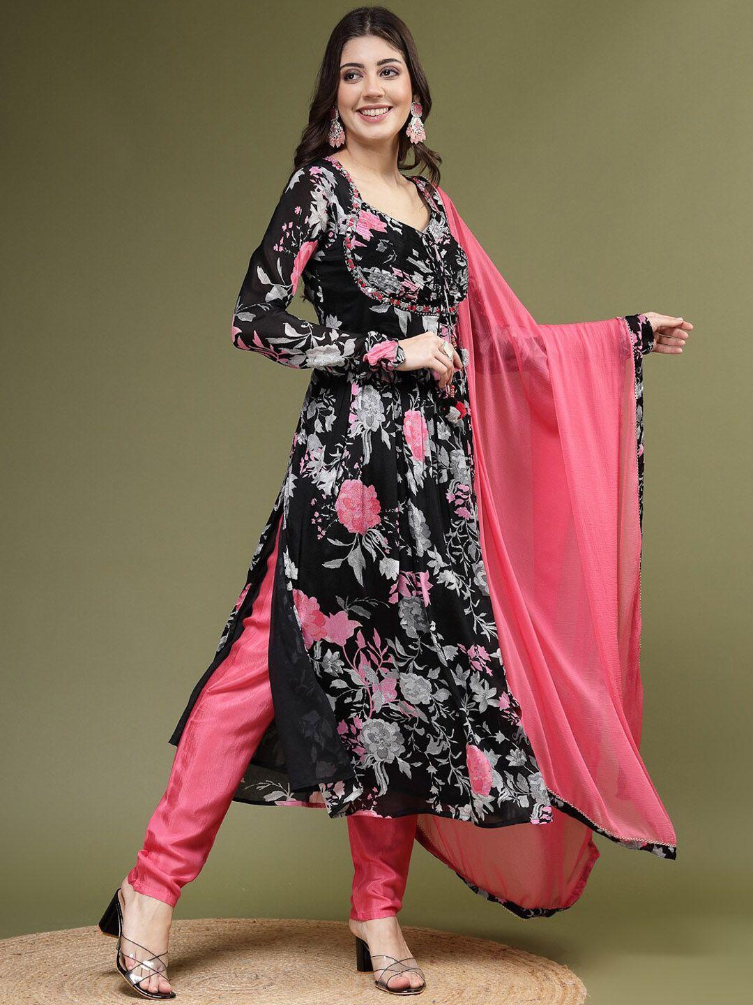 sangria black floral printed empire mirror work kurta with trousers & dupatta