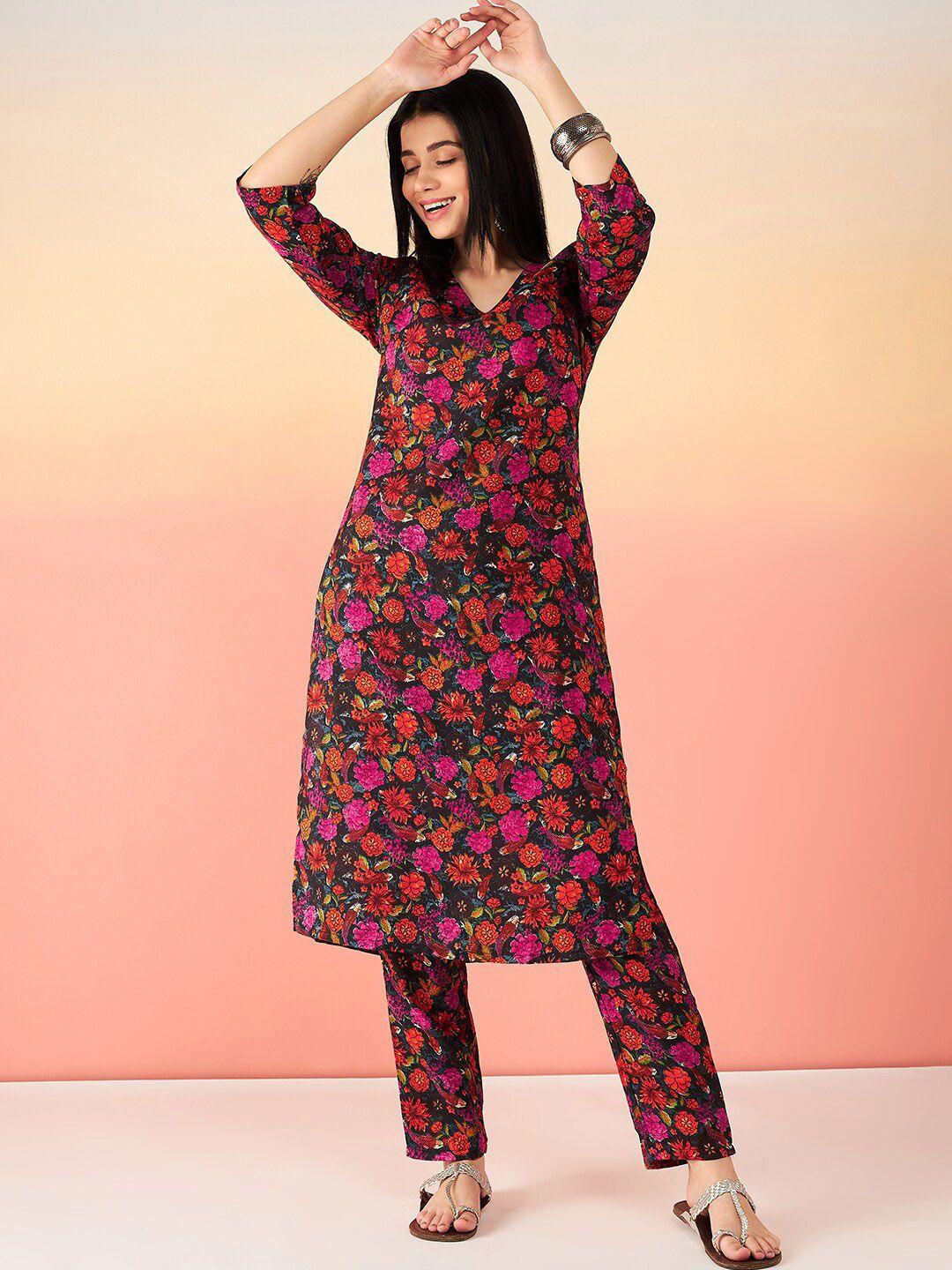 sangria black floral printed straight kurta with trouser