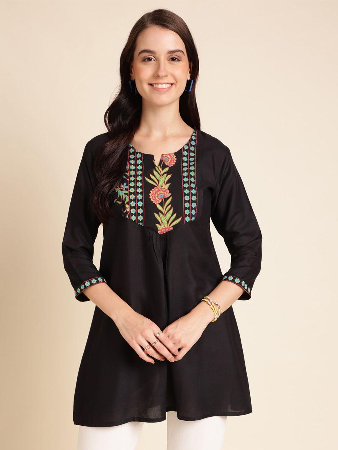 sangria black floral yoke design a-line top