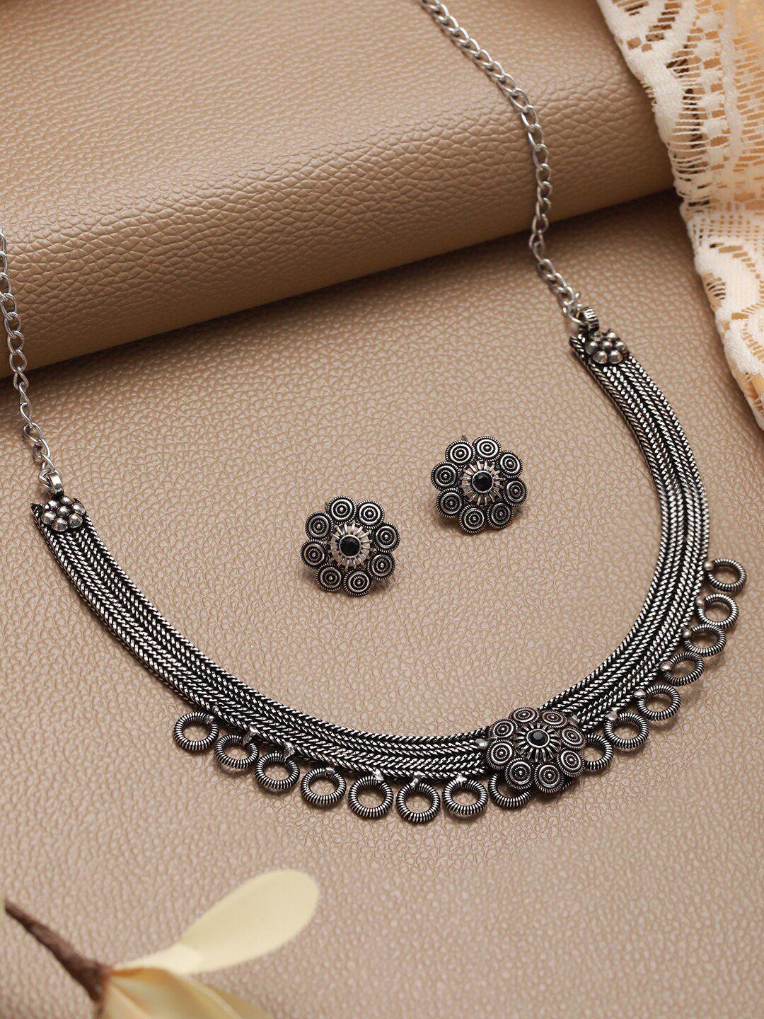 sangria black silver-plated oxidised stone-studded floral jewellery set