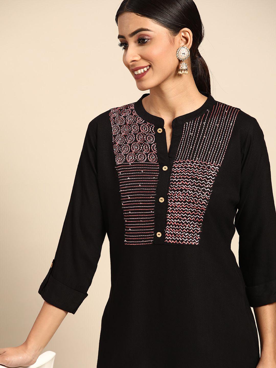 sangria black yoke embroidered a-line top