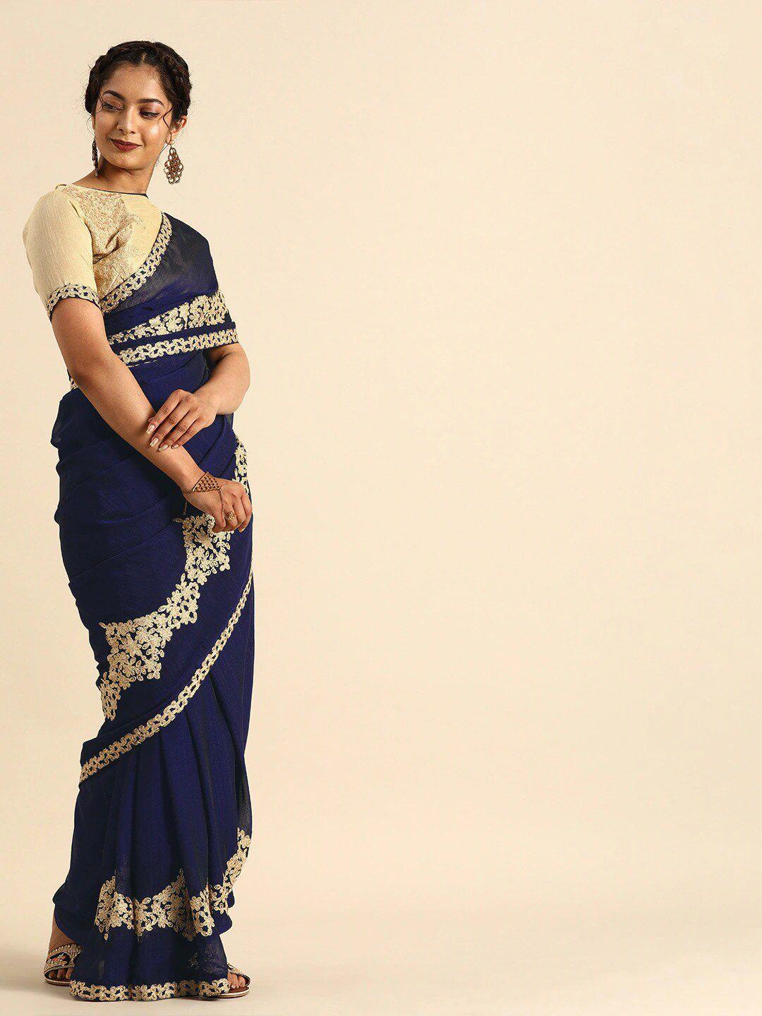 sangria blue & gold-toned floral embroidered pure chiffon saree