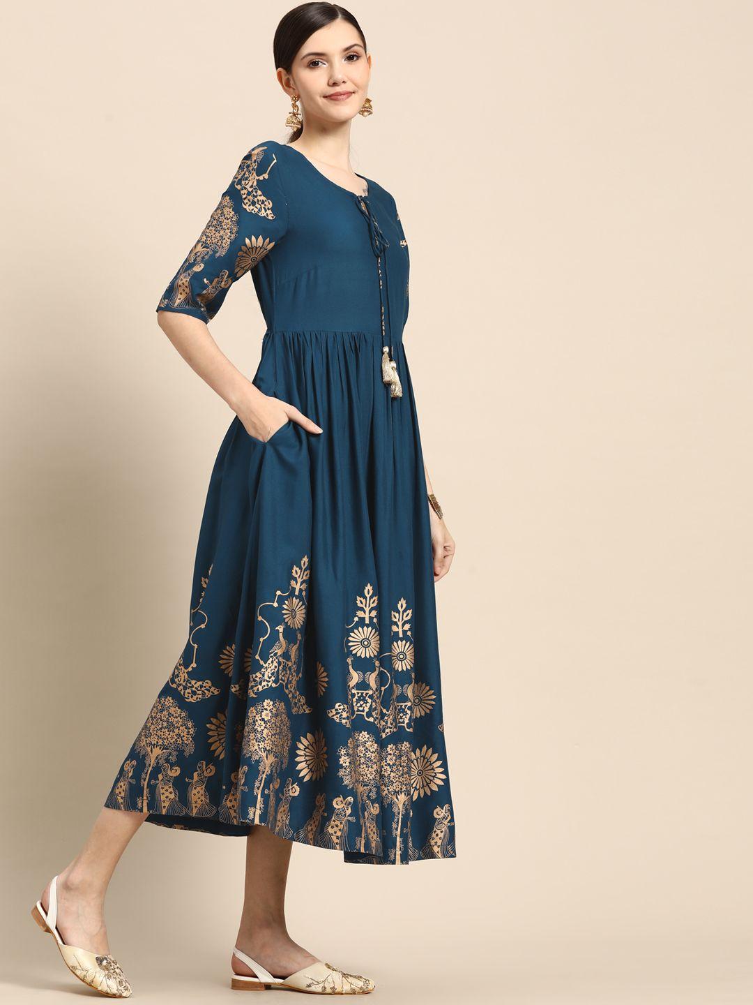 sangria blue & golden ethnic motifs ethnic a-line midi dress