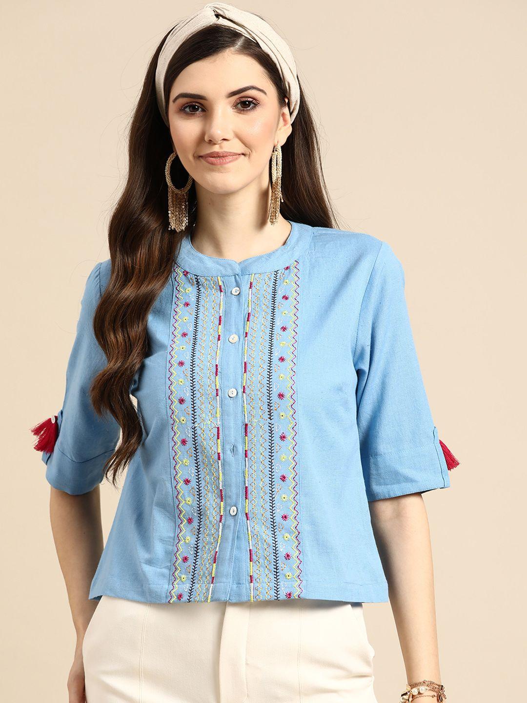 sangria blue & magenta geometric print mandarin collar roll-up sleeves shirt style top