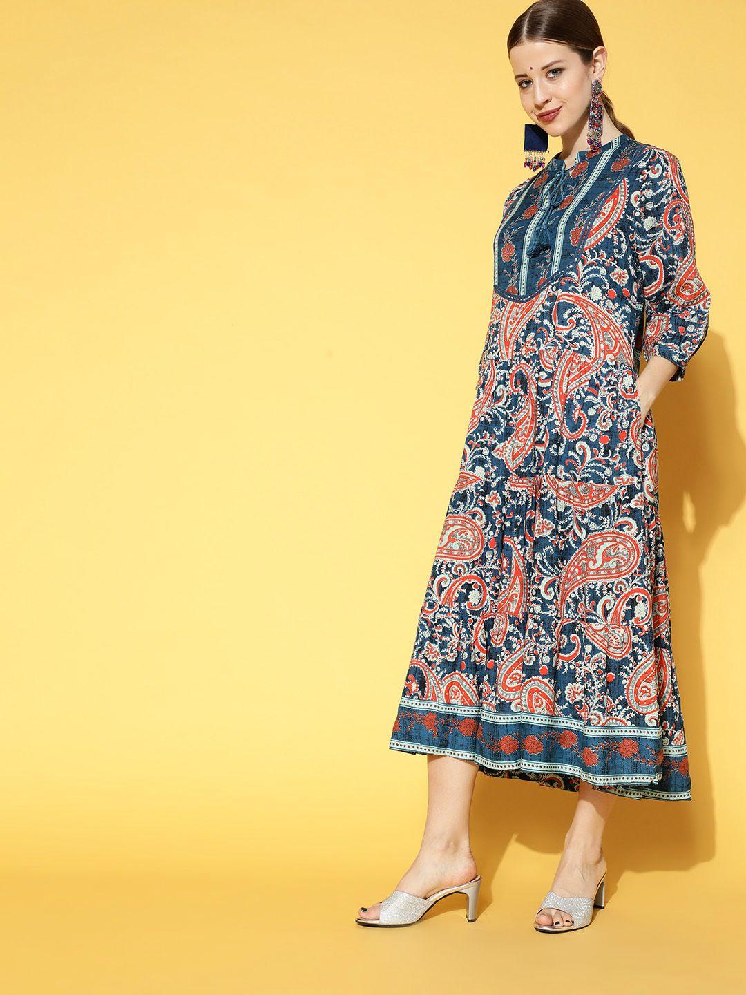 sangria blue & orange ethnic motifs print tie-up neck midi a-line dress