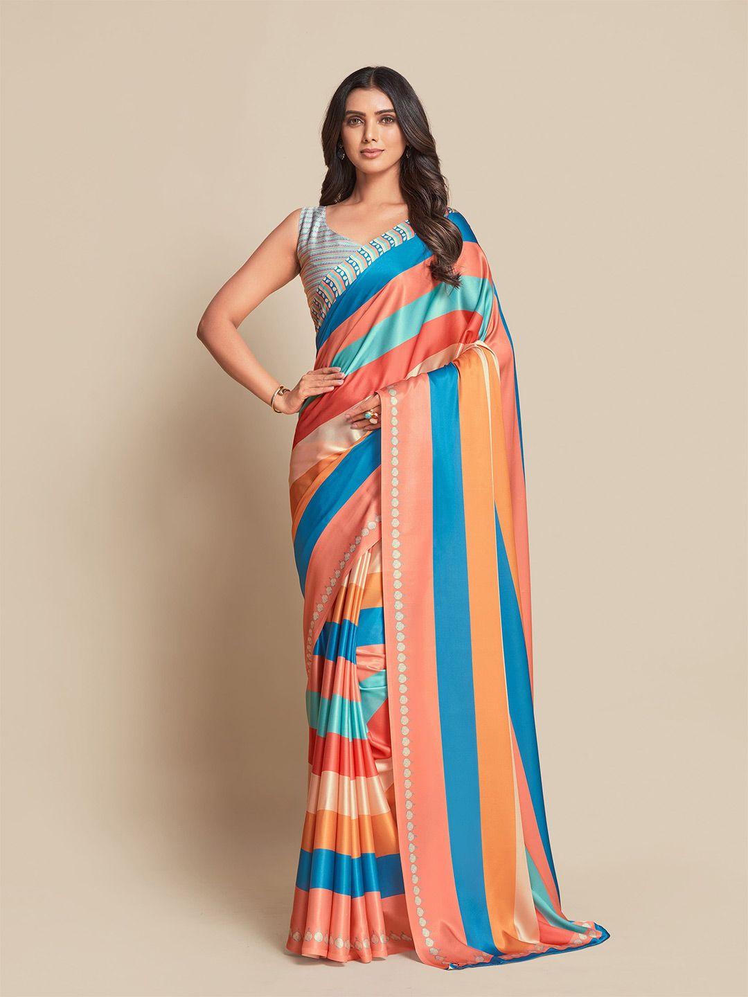 sangria blue & orange striped satin saree