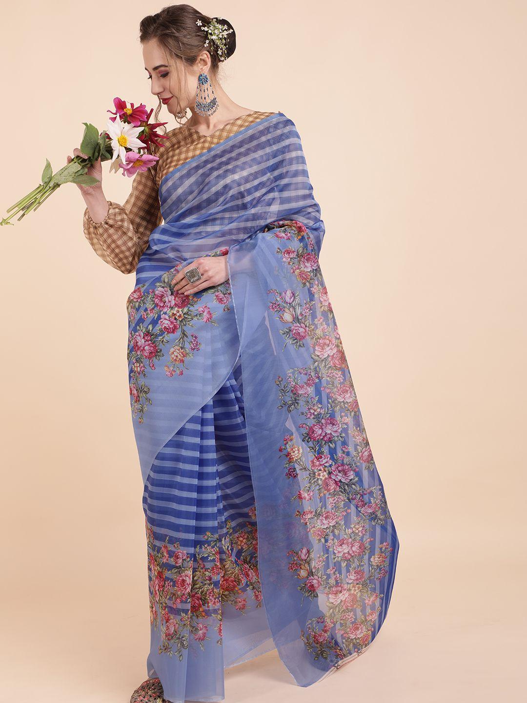 sangria blue & pink floral organza saree