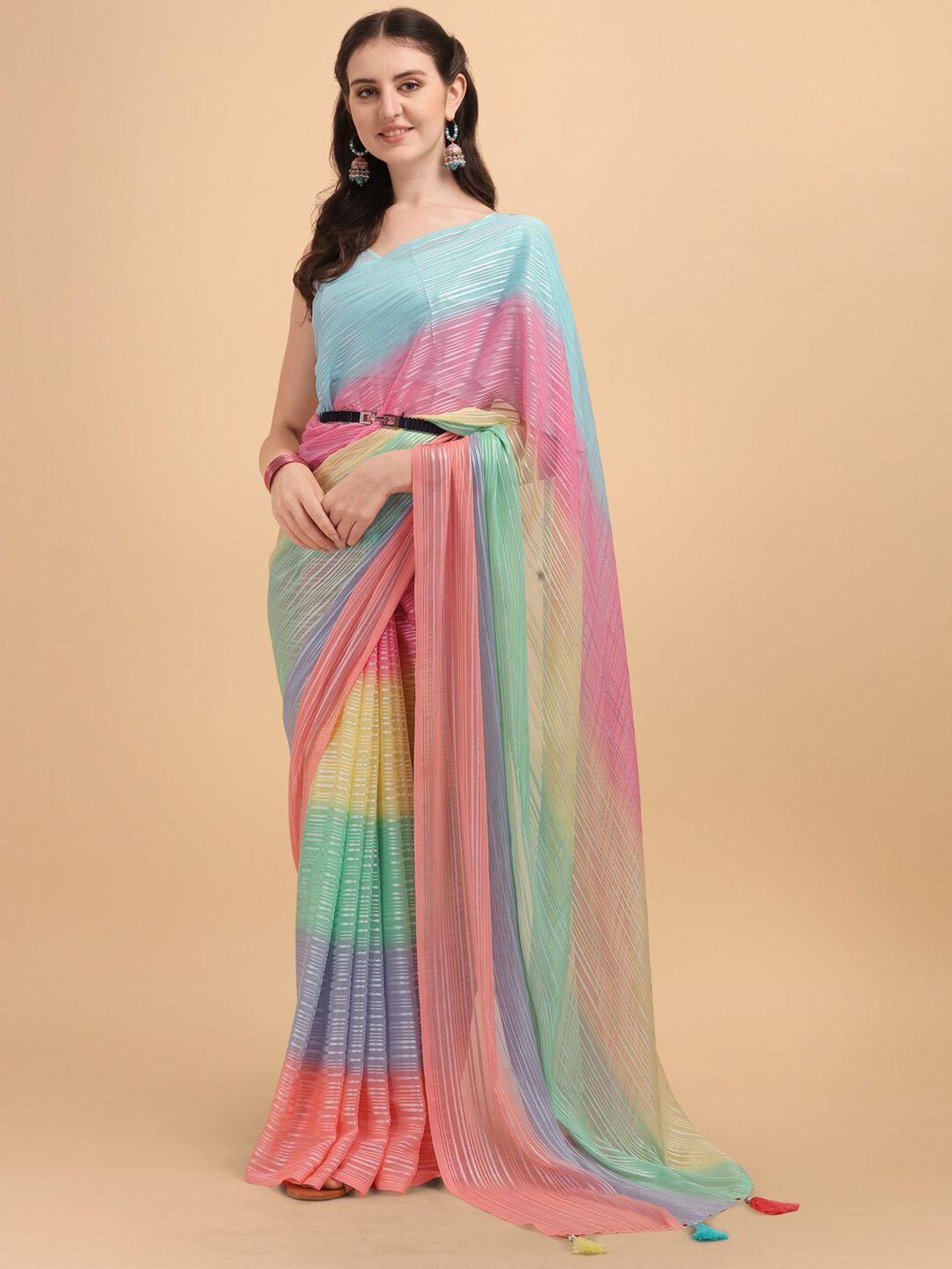 sangria blue & pink georgette striped zari work saree