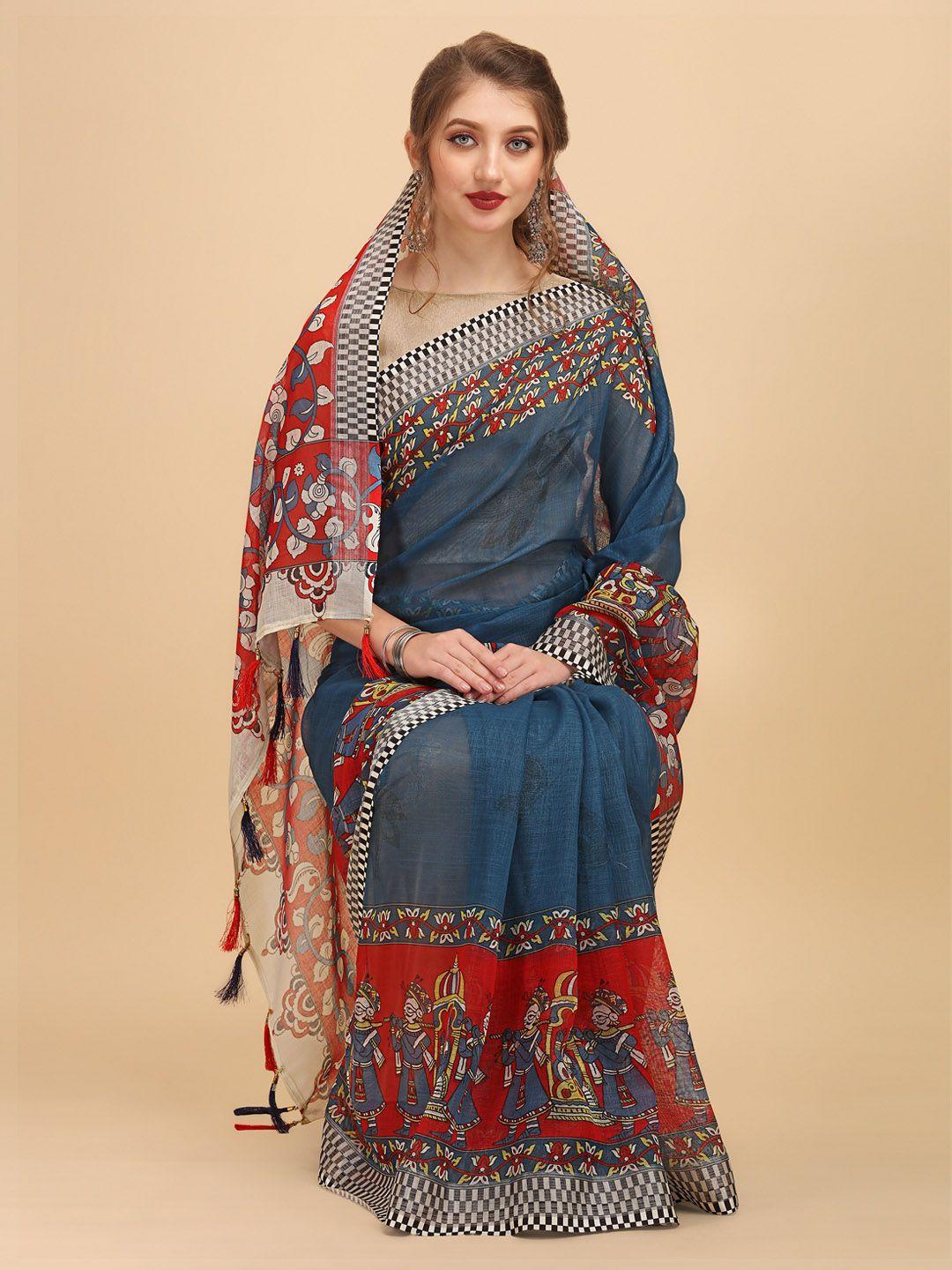 sangria blue & red ethnic motifs pure linen saree