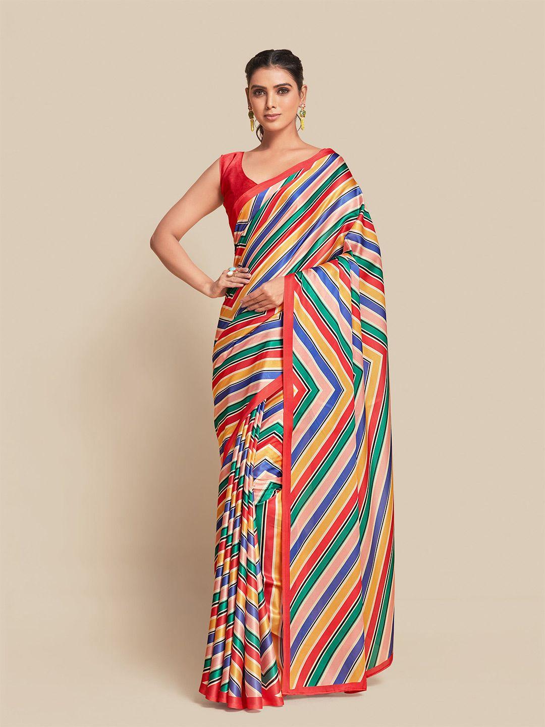 sangria blue & red striped zari satin saree