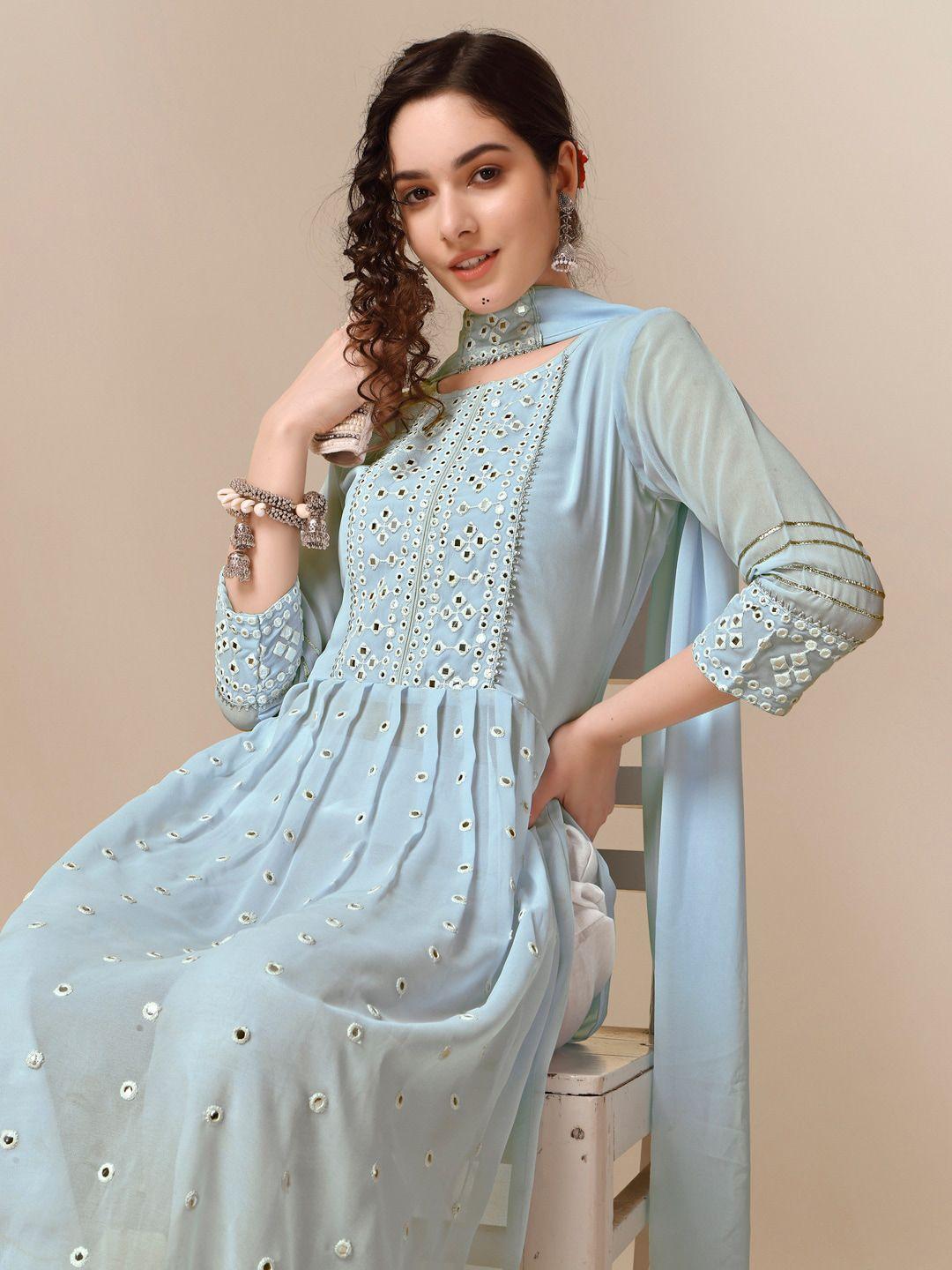 sangria blue & white geometric embroidered georgette a-line kurta with palazzos & dupatta