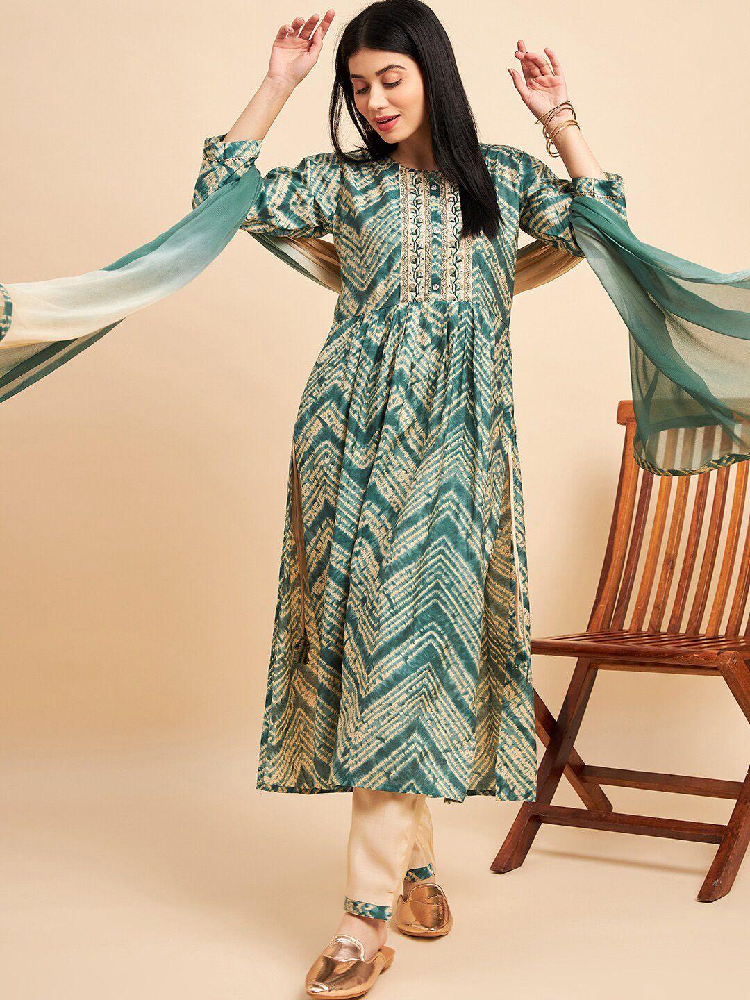 sangria blue chevron printed pleated straight kurta & trouser with dupatta