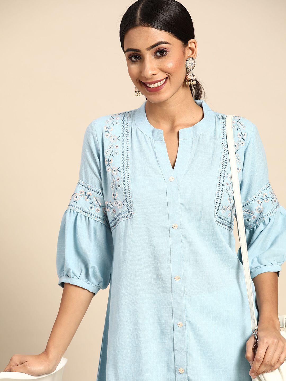 sangria blue embroidered detail a-line top