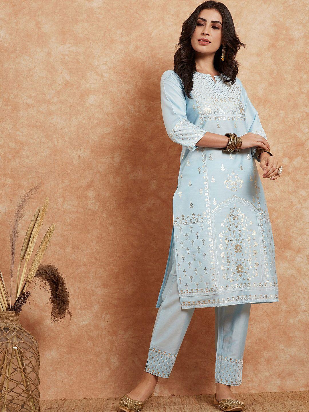 sangria blue ethnic motifs printed straight kurta with trousers